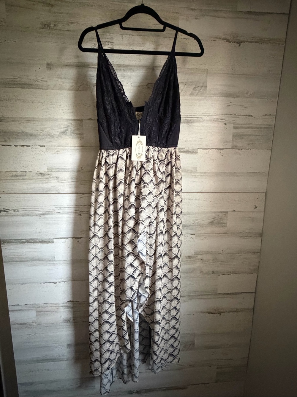 Joyfolie Black Lace Top High-Low Dress with Cream Patterned Skirt